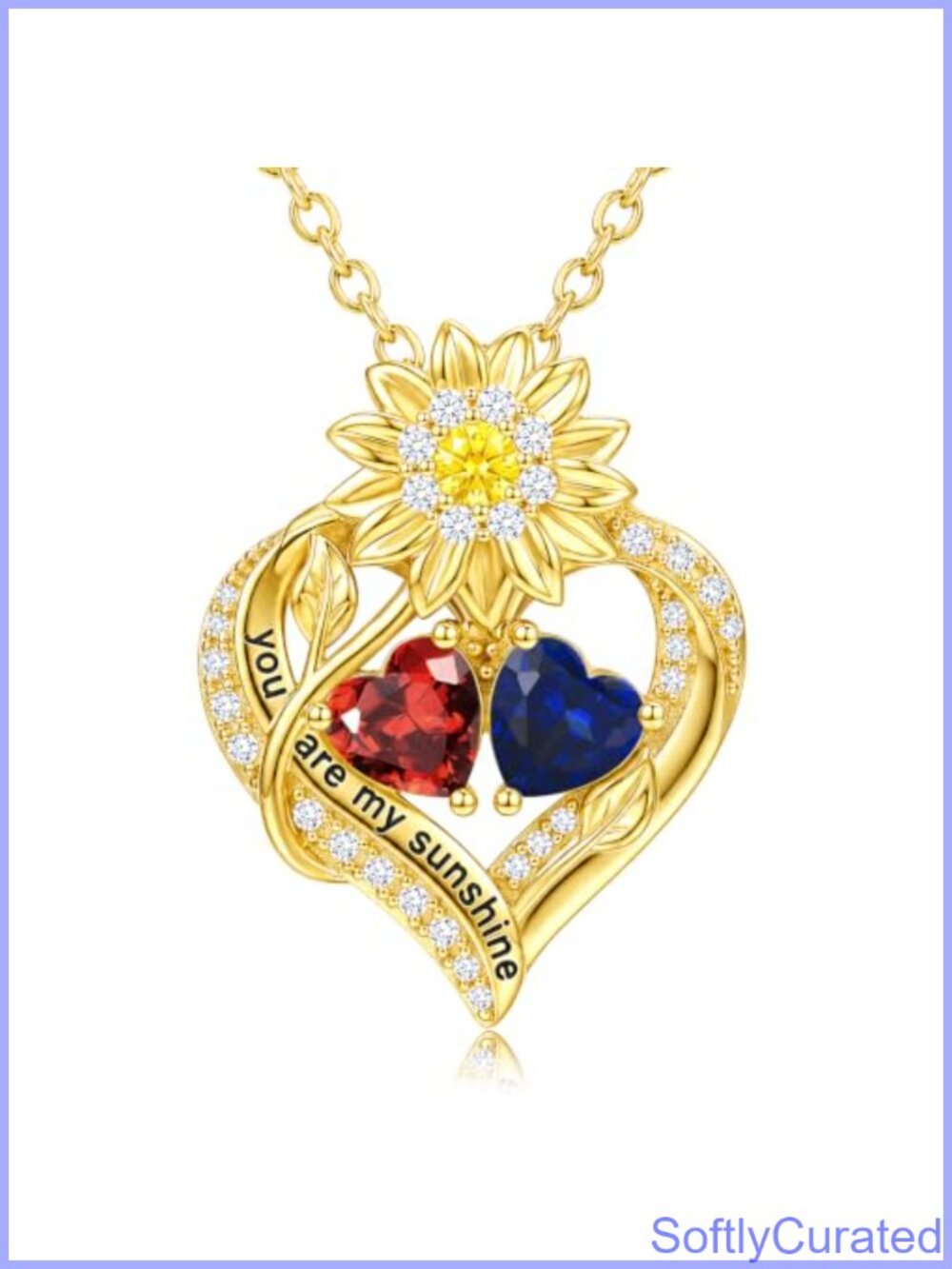 14K Gold Sunflower Heart Pendant Necklace Double Birthstone CZ